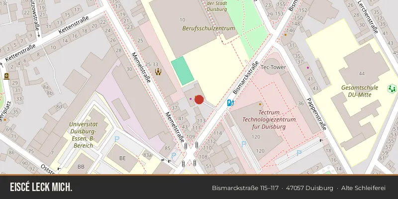 Karte: Eiscafé Leck Mich., Bismarckstraße 115-117, 47057 Duisburg
